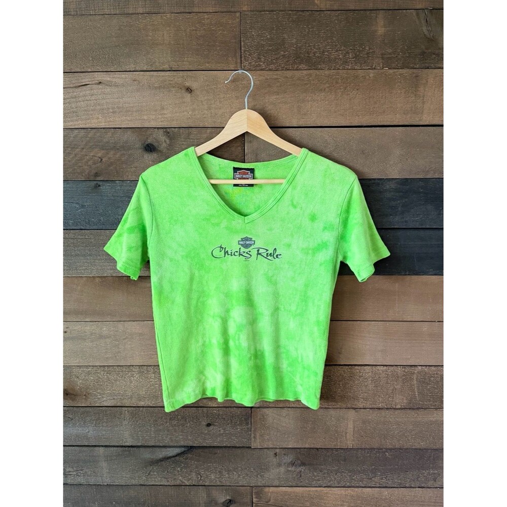 Vintage Harley Davidson Chicks Rule Lime Green Tie Dye Baby Tee